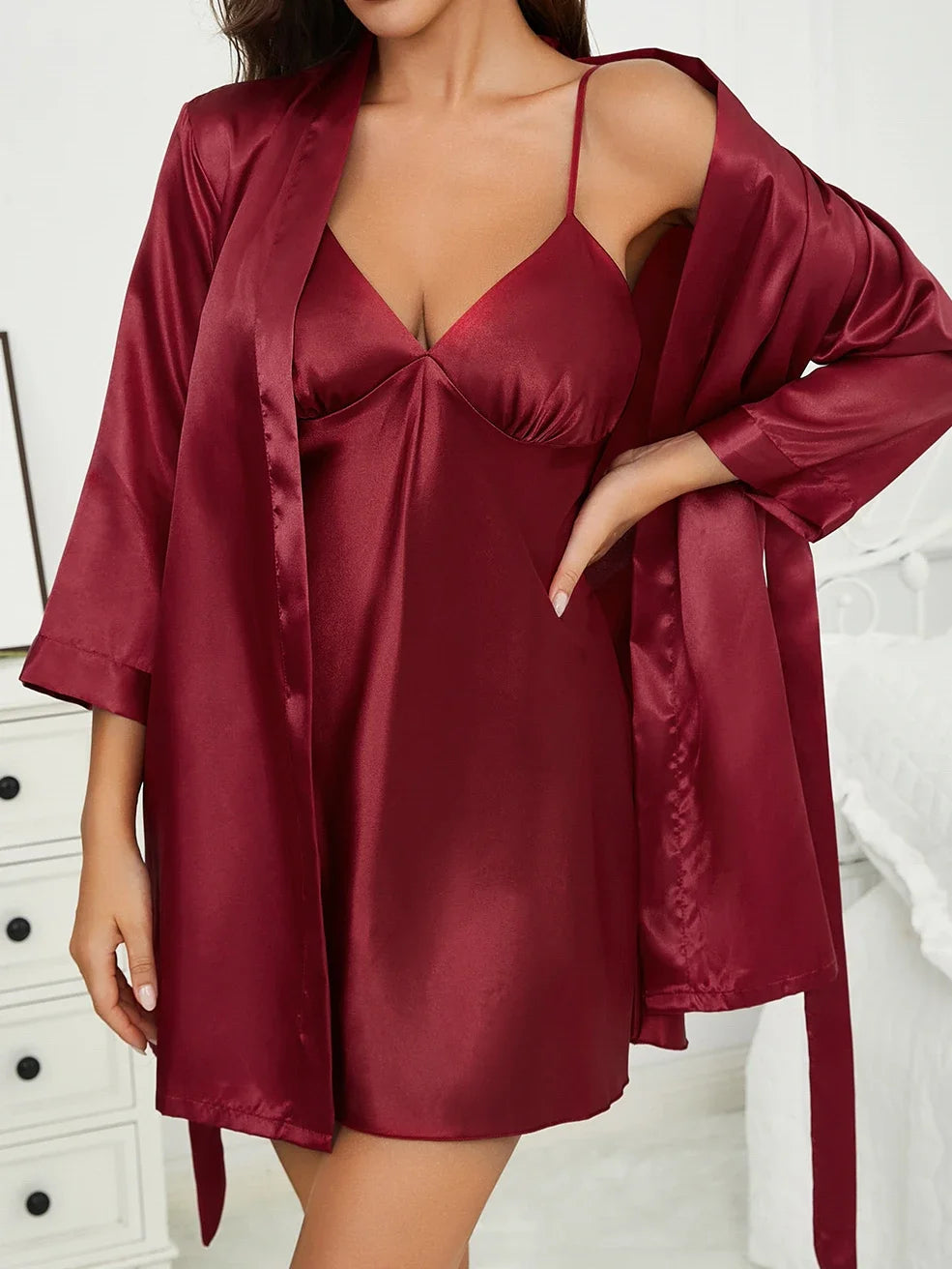 Womens Sleeveless Nightdress Home Two-Piece Set Spaghetti Strap Chemise with Tie Belt Robe Cool Comfortable Pajamas