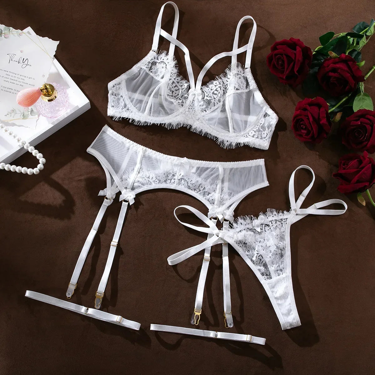 Tornova 4 Piece Sexy Lingerie Set for Women Mesh and Lace Sexy Perspective Push-up Solid Color Lace Hollow Out Underwear Set New