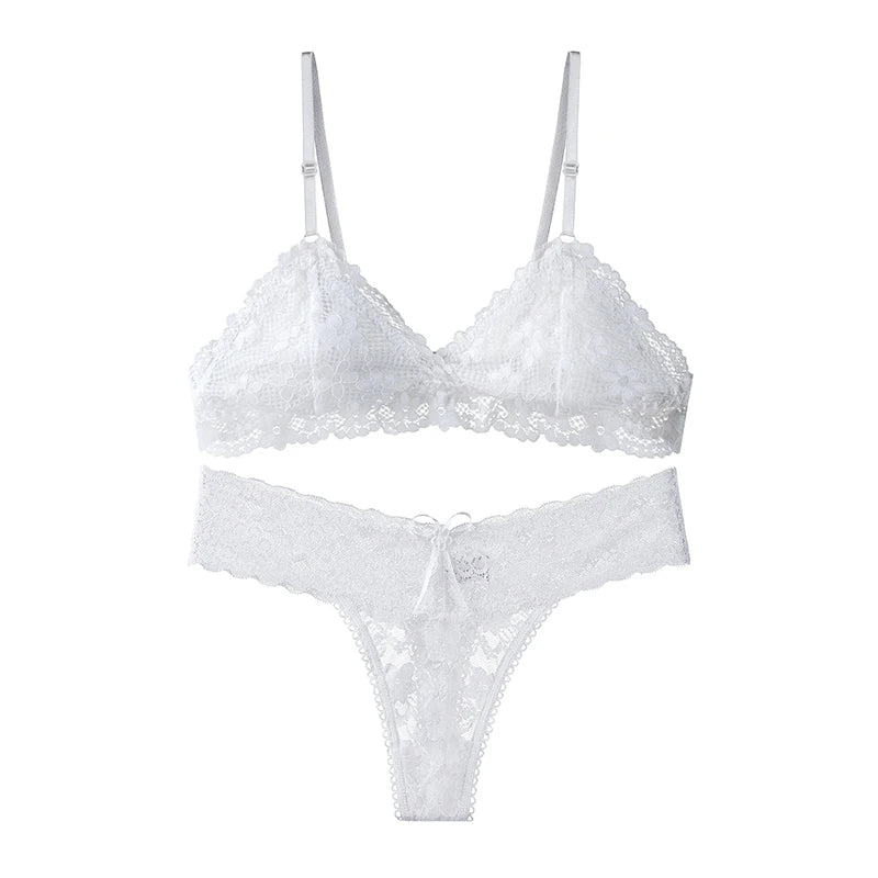 BANNIROU 1Set Women's Lingerie Sexy Lace Transparent Bra Thongs Set