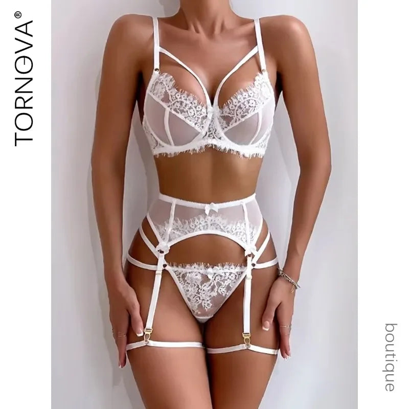Tornova 4 Piece Sexy Lingerie Set for Women Mesh and Lace Sexy Perspective Push-up Solid Color Lace Hollow Out Underwear Set New