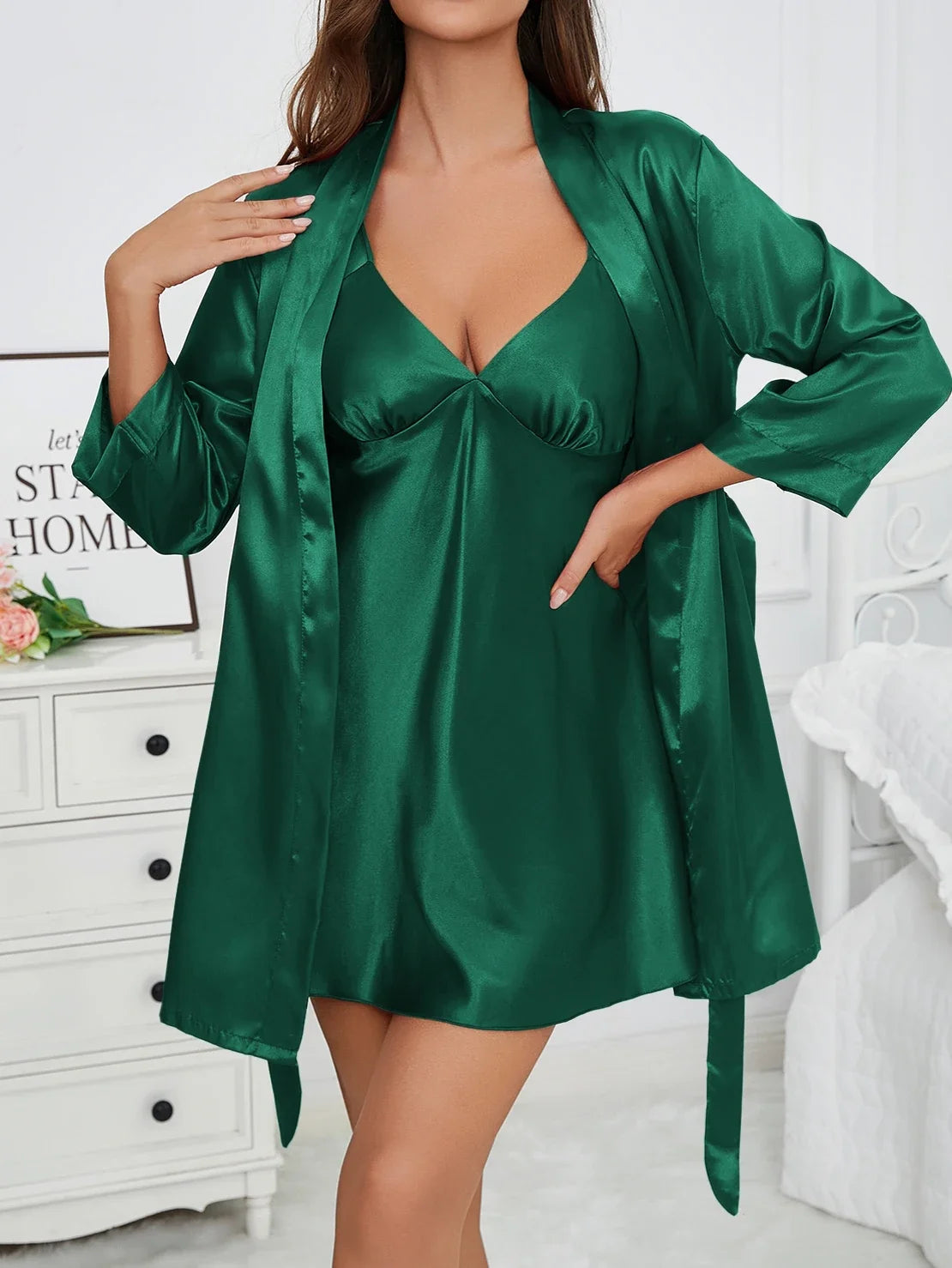 Womens Sleeveless Nightdress Home Two-Piece Set Spaghetti Strap Chemise with Tie Belt Robe Cool Comfortable Pajamas