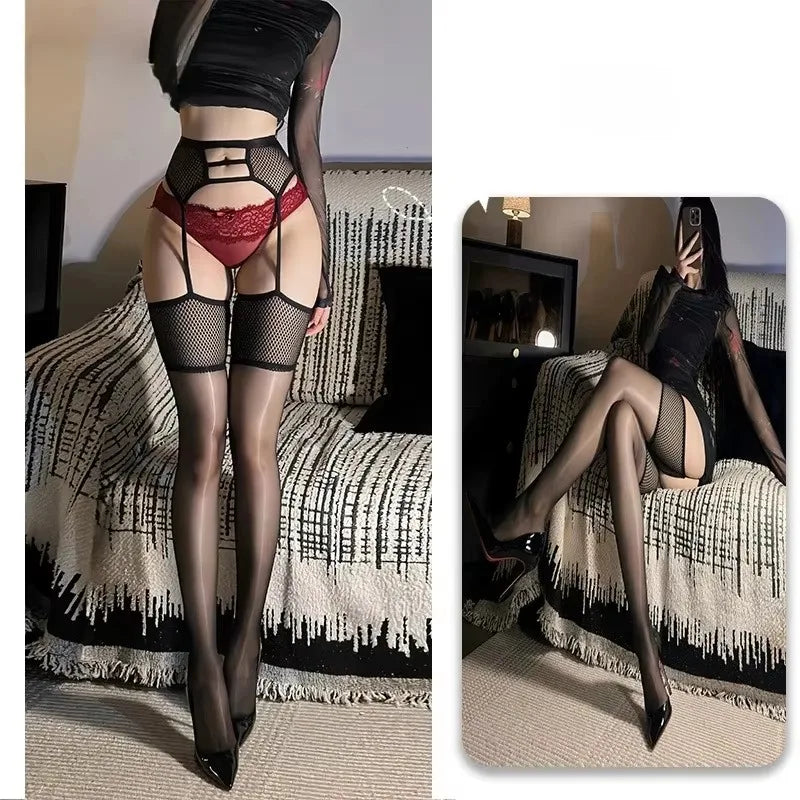 Sexy Grid Waist Corset Suspender Women's Stockings with Belt Saddle Oil Red Purple Black Medias Thigh High Socks Open Crotch