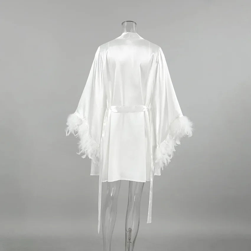 Wedding Bride Robe Morning Gown Elegant Feather Female Kimono Bathrobe Gown Sexy Rayon Summer New Sleepwear Nightwear Lingerie