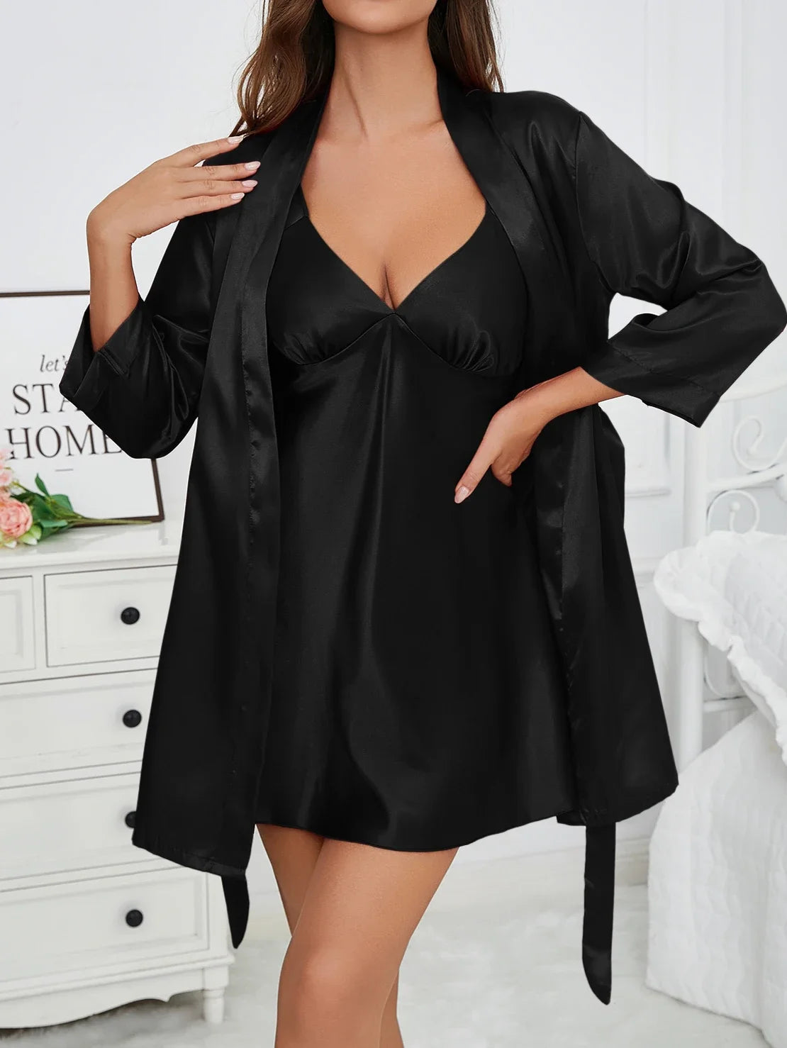 Womens Sleeveless Nightdress Home Two-Piece Set Spaghetti Strap Chemise with Tie Belt Robe Cool Comfortable Pajamas