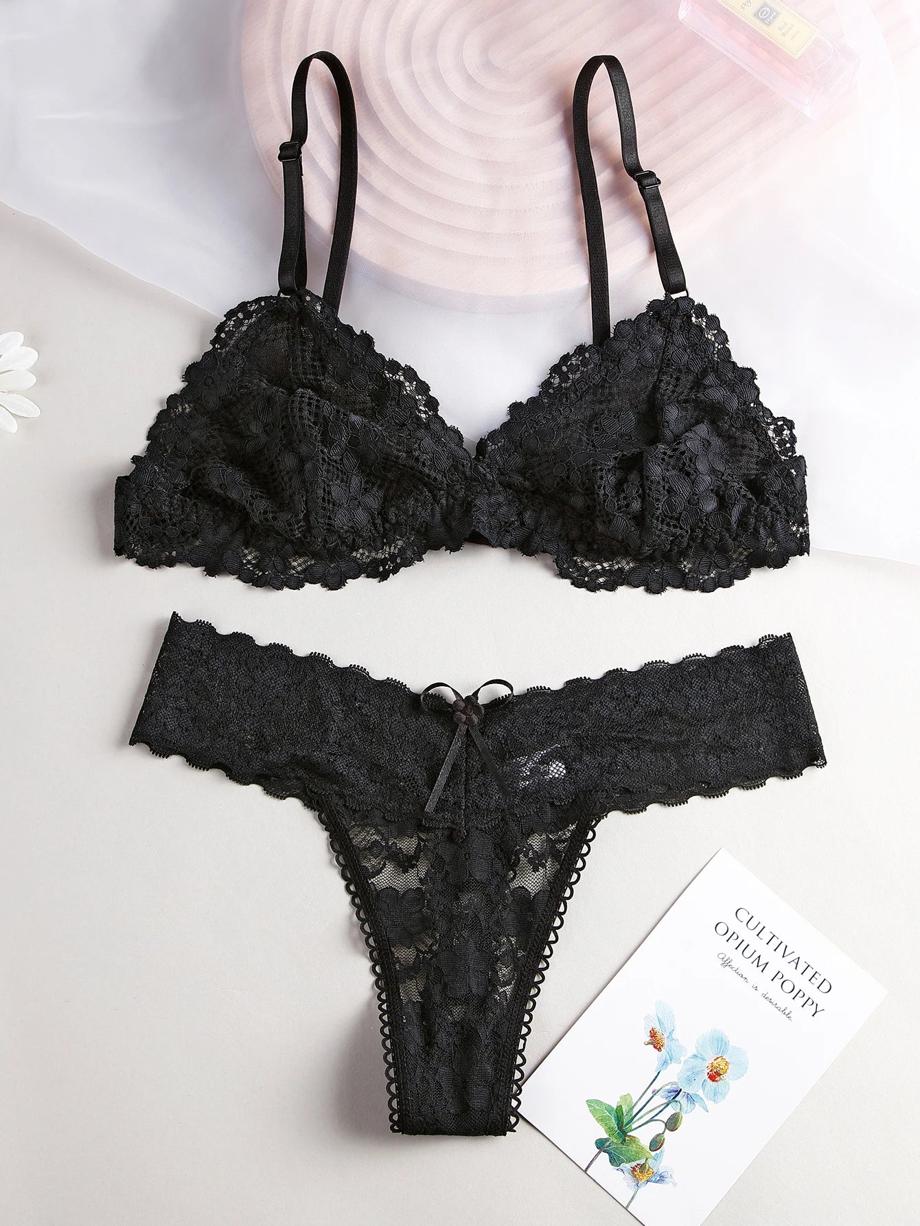 BANNIROU 1Set Women's Lingerie Sexy Lace Transparent Bra Thongs Set