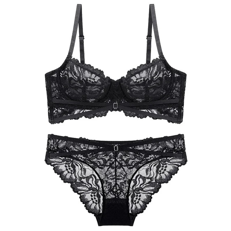 French Lace Ultra Thin Underwear Set Sexy Bandage Push Up Bra Women Embroidery Plus Size Brassiere Hollow Breathable Lingerie