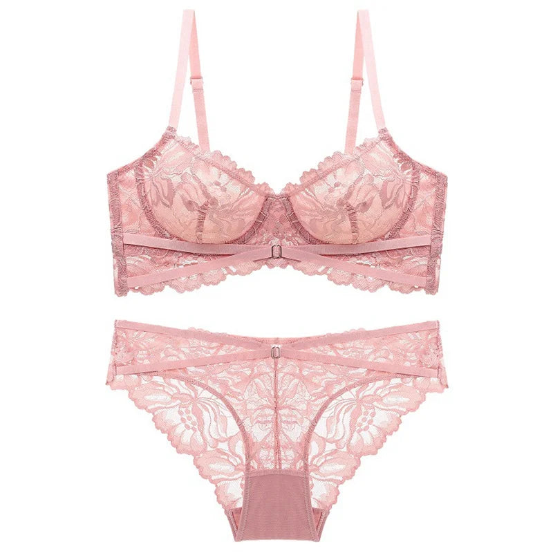 French Lace Ultra Thin Underwear Set Sexy Bandage Push Up Bra Women Embroidery Plus Size Brassiere Hollow Breathable Lingerie