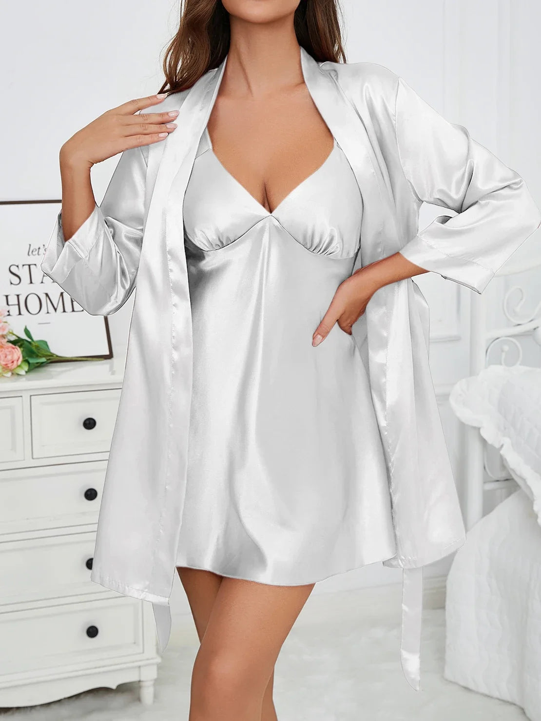 Womens Sleeveless Nightdress Home Two-Piece Set Spaghetti Strap Chemise with Tie Belt Robe Cool Comfortable Pajamas