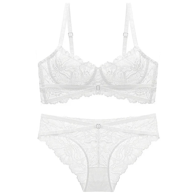 French Lace Ultra Thin Underwear Set Sexy Bandage Push Up Bra Women Embroidery Plus Size Brassiere Hollow Breathable Lingerie