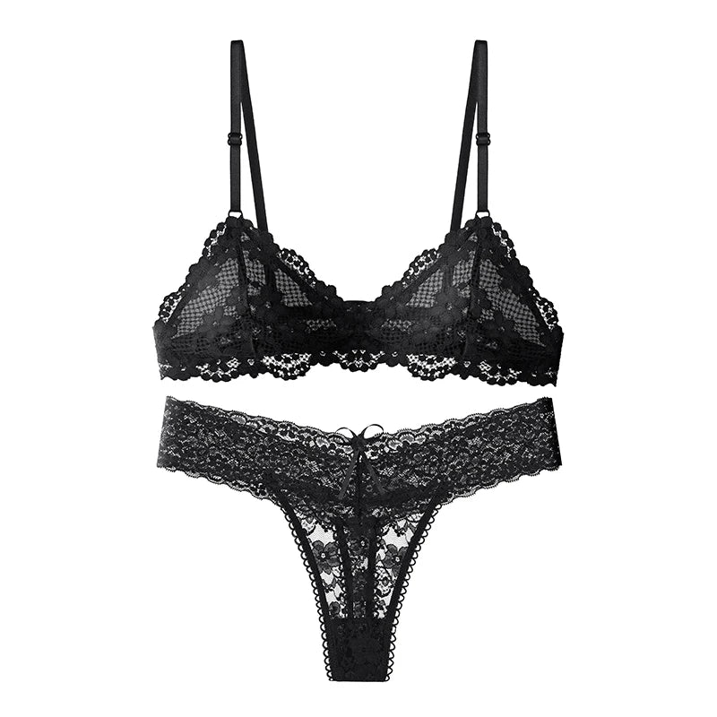 BANNIROU 1Set Women's Lingerie Sexy Lace Transparent Bra Thongs Set