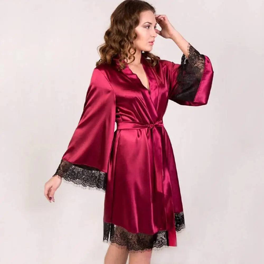 Sexy Women's Kimono Robe Lace Trimmed Satin Nightgown Bridal Wedding Sleepwear Adjustable Belt Comfortable Loungewear