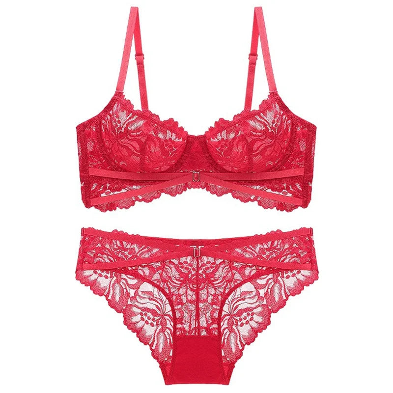 French Lace Ultra Thin Underwear Set Sexy Bandage Push Up Bra Women Embroidery Plus Size Brassiere Hollow Breathable Lingerie