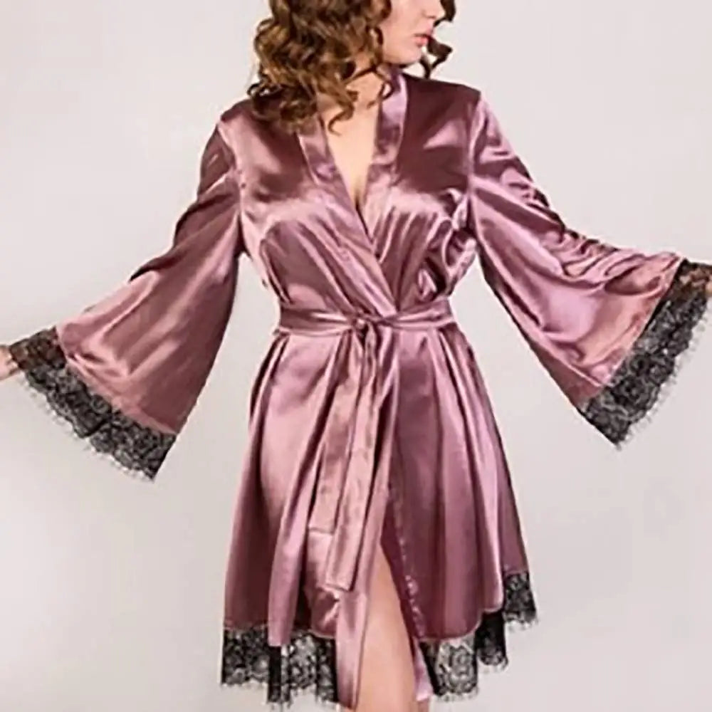 Sexy Women's Kimono Robe Lace Trimmed Satin Nightgown Bridal Wedding Sleepwear Adjustable Belt Comfortable Loungewear