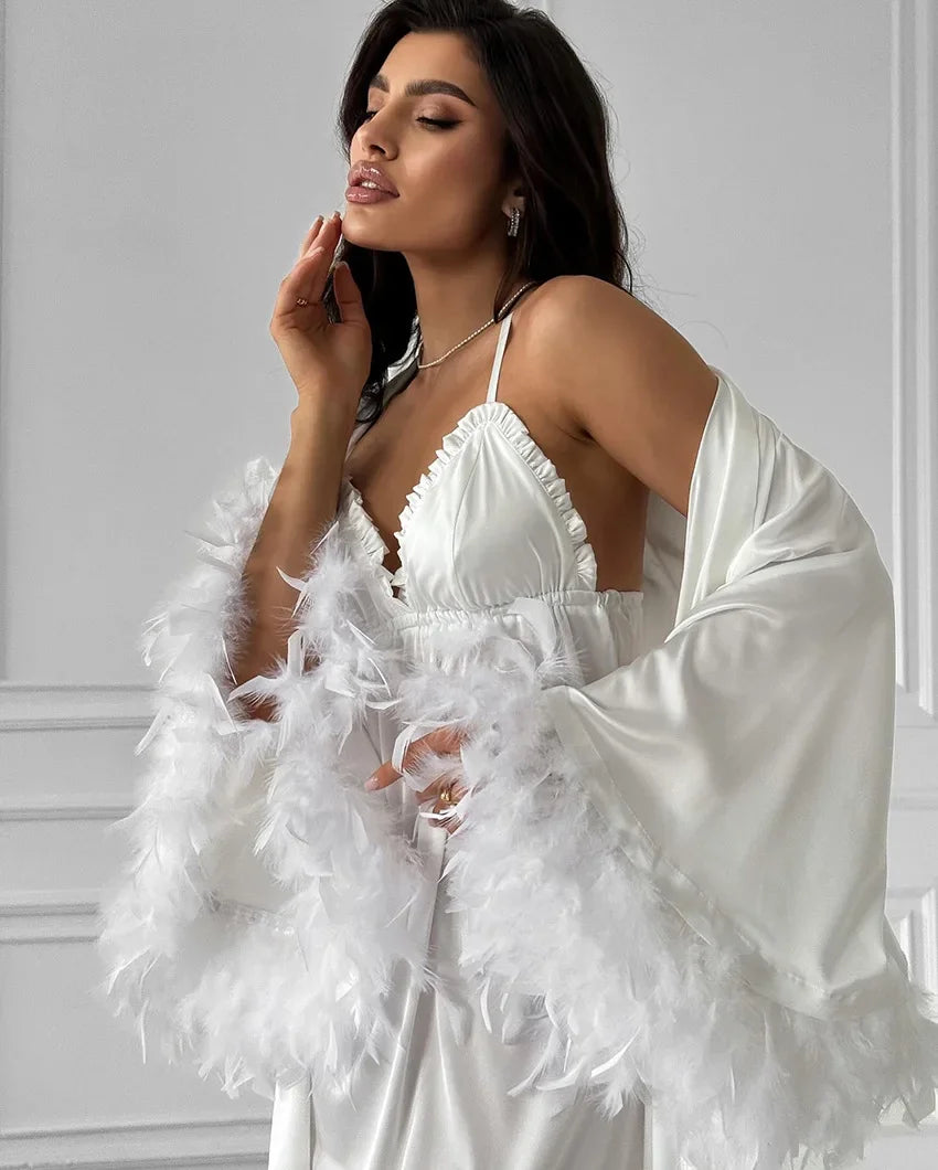 Wedding Bride Robe Morning Gown Elegant Feather Female Kimono Bathrobe Gown Sexy Rayon Summer New Sleepwear Nightwear Lingerie