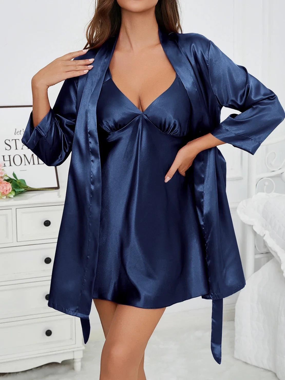 Womens Sleeveless Nightdress Home Two-Piece Set Spaghetti Strap Chemise with Tie Belt Robe Cool Comfortable Pajamas