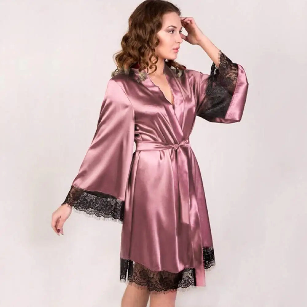 Sexy Women's Kimono Robe Lace Trimmed Satin Nightgown Bridal Wedding Sleepwear Adjustable Belt Comfortable Loungewear