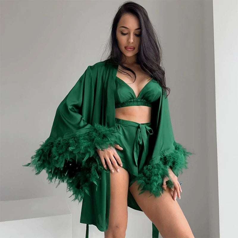 Wedding Bride Robe Morning Gown Elegant Feather Female Kimono Bathrobe Gown Sexy Rayon Summer New Sleepwear Nightwear Lingerie
