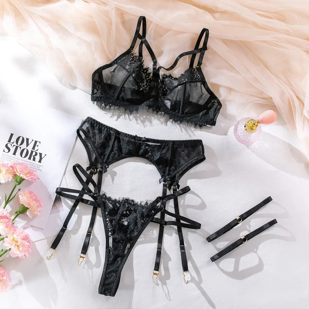 Tornova 4 Piece Sexy Lingerie Set for Women Mesh and Lace Sexy Perspective Push-up Solid Color Lace Hollow Out Underwear Set New