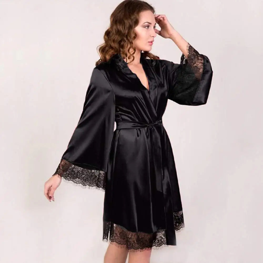 Sexy Women's Kimono Robe Lace Trimmed Satin Nightgown Bridal Wedding Sleepwear Adjustable Belt Comfortable Loungewear