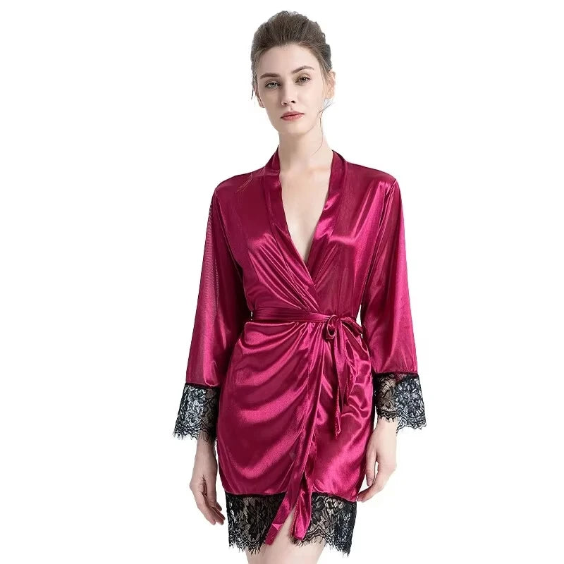 Sexy Women's Kimono Robe Lace Trimmed Satin Nightgown Bridal Wedding Sleepwear Adjustable Belt Comfortable Loungewear