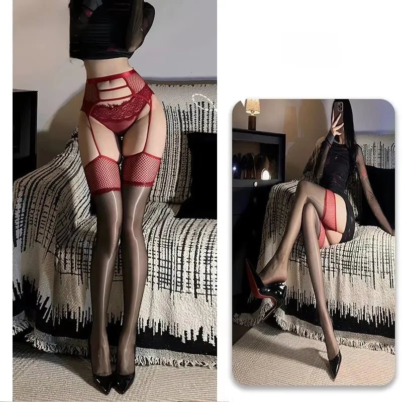 Sexy Grid Waist Corset Suspender Women's Stockings with Belt Saddle Oil Red Purple Black Medias Thigh High Socks Open Crotch